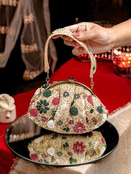 NR by Nidhi Rathi - Gold-Toned Multi-Color Floral Print Embellished Half-Moon Clutch