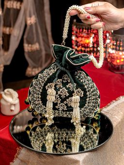 NR by Nidhi Rathi - Dark Green and Gold Embellished Potli Bag