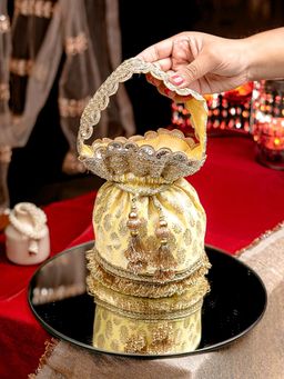 NR by Nidhi Rathi - Light Yellow and Gold-Toned Embellished Potli Bag