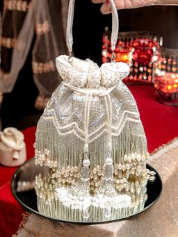 NR by Nidhi Rathi - White and Silver-Toned Embellished Potli Bag