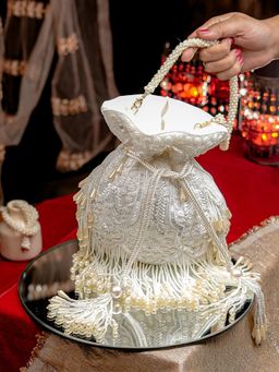 NR by Nidhi Rathi - White and Gold-Toned Embellished Potli Bag