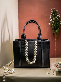 NR by Nidhi Rathi - Black Structured Tote Bag with Pearl Accent Handles
