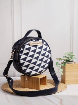 NR by Nidhi Rathi - Black and White Geometric Print Round Sling Bag With Detachable Strap