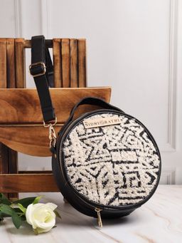 NR by Nidhi Rathi - Black and Cream Geometric Print Round Sling Bag With Detachable Strap