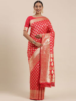 Sareemall - Women's Banarasi Red Woven Design Saree with Unstitched Blouse
