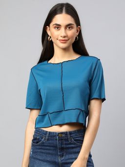 Xpose - Women Blue Pop Stitch Round Crop Top