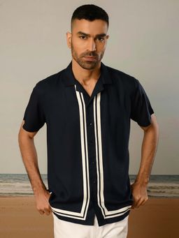Perch - Navy Blue Printed Relaxed Fit Shirt