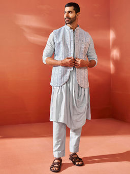 Vastramay - Silk Blend Jacquard Nehru Jacket with Viscose Kurta and Pyjama (Set of 3)