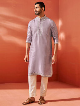 Vastramay - Men Elegant Silk Blend Embroidered Kurta with Pant (Set of 2)