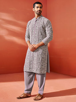 Vastramay - Men Georgette Embroidered Kurta with Patiala (Set of 2)