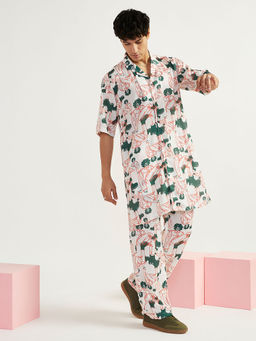 Vastramay - Men Multicolor-Base-White Satin Allover Printed Kurta and Pyjama (Set of 2)
