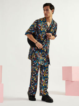 Vastramay - Men Multicolor-Base-Black Satin Allover Printed Kurta and Pyjama (Set of 2)