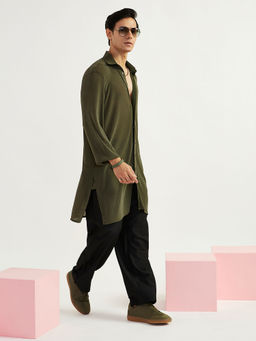 Vastramay - Men Olive Textured Lycra Kurta and Pyjama (Set of 2)