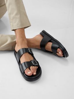 REGAL - Black Men Smart Casual Textured Leather Sandals