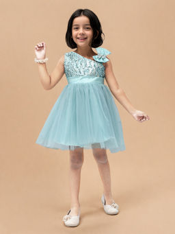 Toonyport - Girls Blue Embellished Cotton Dress
