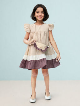 Toonyport - Girls Beige Solid Cotton Dress