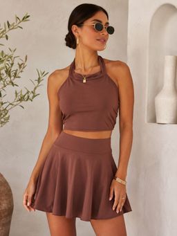 Addery - Brown Earthy Mocha Halter Bikini Top with Skirt