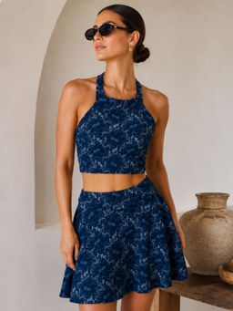 Addery - Navy Blue Midnight Botanical Halter Bikini Top with Skirt