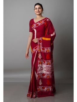 Unnati Silks - Maroon Pure Batik Kota Cotton Saree with Unstitched Blouse