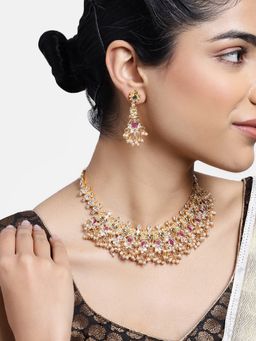 Estele - Gold Plated Cz Bridal Necklace With Crystals And Intricate Pearl Work For Women (Set of 2)