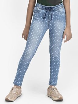 CRIMSOUNE CLUB - Girls Blue Printed Heavy Faded Jeans