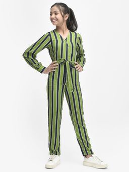 CRIMSOUNE CLUB - Girls Olive Striped V-neck Jumpsuit