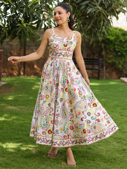 Rain & Rainbow - Women White Printed Ethnic Dress