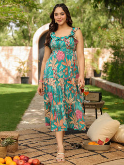 Rain & Rainbow - Women Teal Printed Ethnic Dress