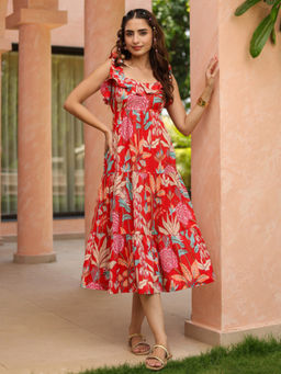 Rain & Rainbow - Women Red Printed Ethnic Dress