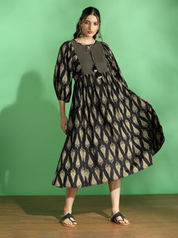 Globus - Women Black Ethnic Print Round Neck Flared Midi Dress