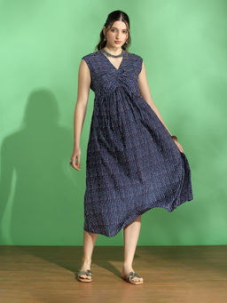 Globus - Women Navy Blue Stripes Twisted Pleated Midi Dress