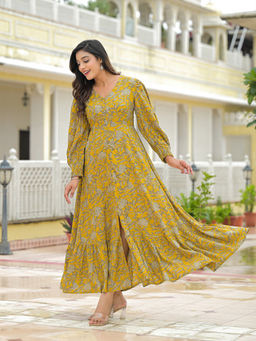 Divena - Mustard Floral Rayon Flare Dress