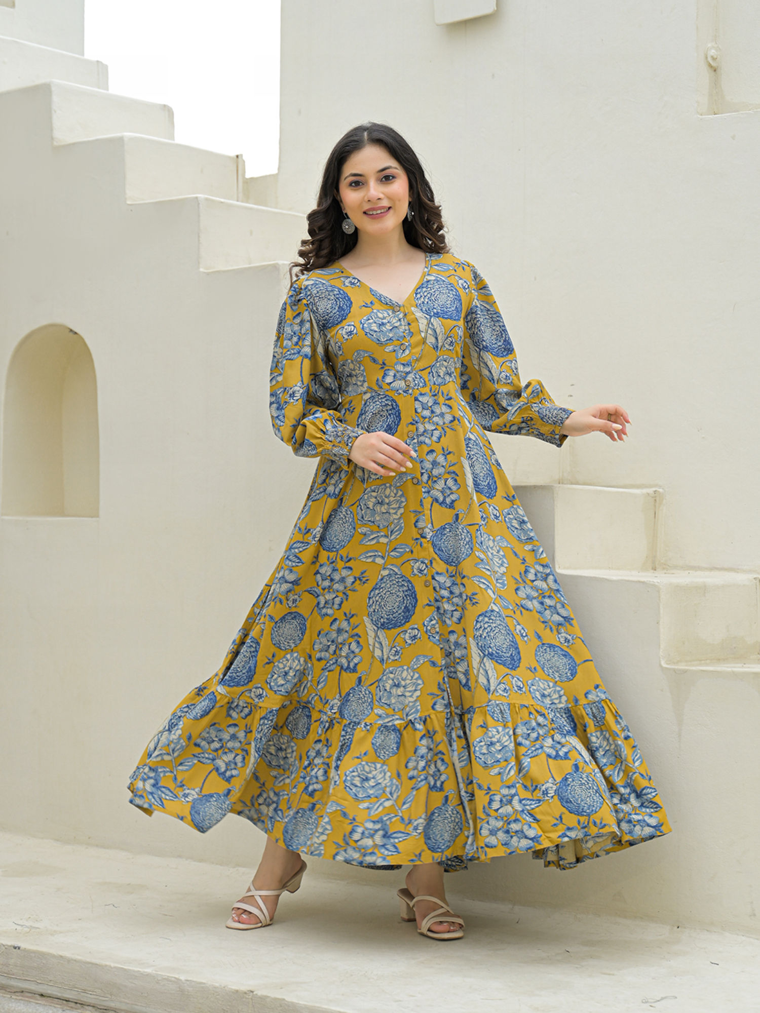 Mustard Floral Rayon Flare Dress-image-30