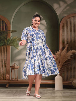 Stylum - Women Plus Size Blue Floral Printed Cotton Flared Dress with Belt