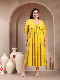 Stylum - Women Plus Size Yellow Embroidered Rayon Tiered Dress with Jacket