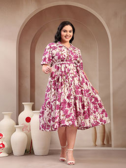 Stylum - Women Plus Size Magenta Floral Printed Cotton Flared Dress with Belt