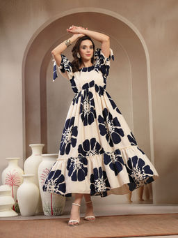 Stylum - Women Beige Floral Printed Rayon Tiered Dress