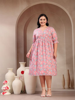 Stylum - Women Plus Size Pestel Pink Ethnic Printed Cotton Flared Dress