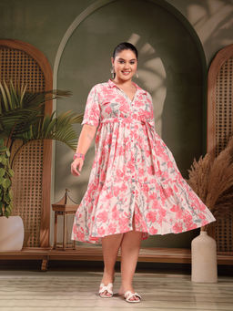 Stylum - Women Plus Size Pestel Pink Floral Printed Cotton Flared Dress with Belt