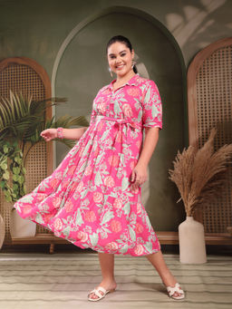 Stylum - Women Plus Size Pink Floral Printed Rayon Tiered Dress with Belt