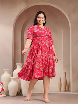 Stylum - Women Plus Size Pink Tropical Printed Rayon Tiered Dress with Belt