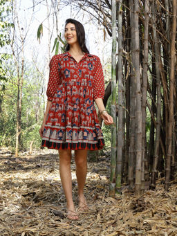 Stylum - Women Rust Ethnic Printed Cotton Flared Dress