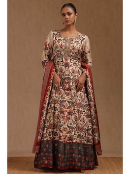 Soch - Womens Beige Viscose Blend Floral Print Gown with Dupatta