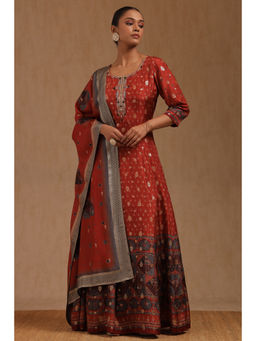 Soch - Womens Rust Viscose Blend Ethnic Motifs Gown with Dupatta