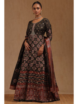 Soch - Womens Olive Silk Blend Ethnic Motifs Gown with Dupatta