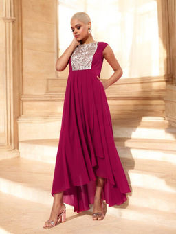 Miss Chase - Women Dark Pink Round Neck Embellished Maxi Party Dress