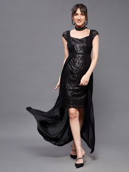Miss Chase - Women Black Embellished Fit & Flare Maxi Party Dress