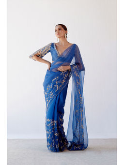 Devnaagri - Blue Embroidered Organza Saree with Stitched Blouse (Set of 2)