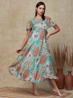 FASHOR - Floral Printed Maxi Dress - Turquoise Blue