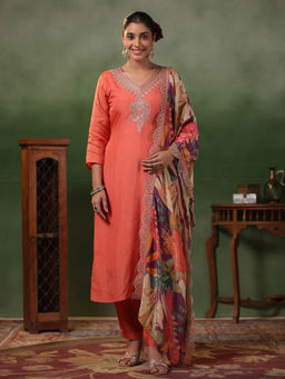 FASHOR - Kurta with Pants & Dupatta - Peach-Orange (Set of 3)